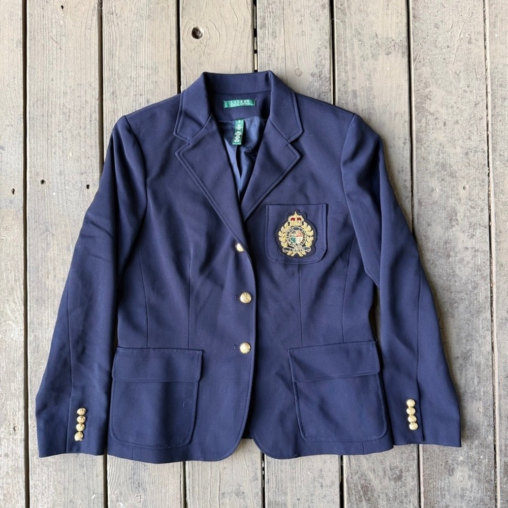 Lauren Ralph Lauren Navy Blue Wool Crest Blazer Gold Buttons Womens 12